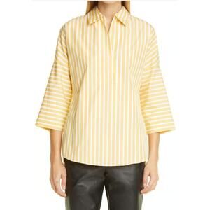 Akris Punto Kodak Poplin Blouse Stripe Kimono Sleeves Yellow White Size 2